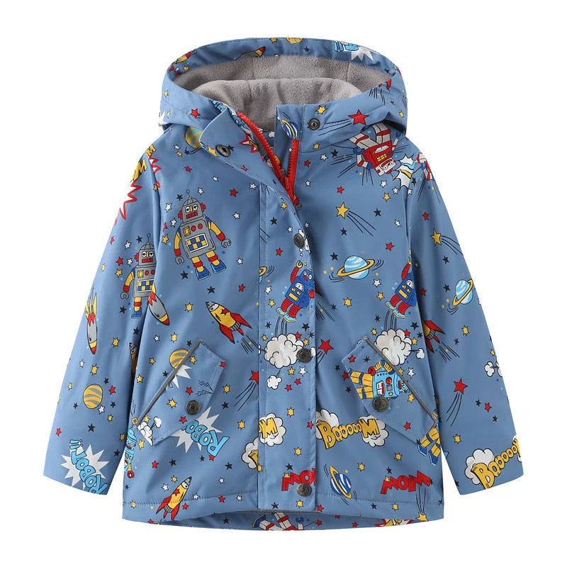 Jaqueta Infantil Estampada com Capuz Unissex, quente e estilosa, com forro de pelúcia e isolamento térmico. Perfeita para crianças no inverno, em poliéster e algodão!