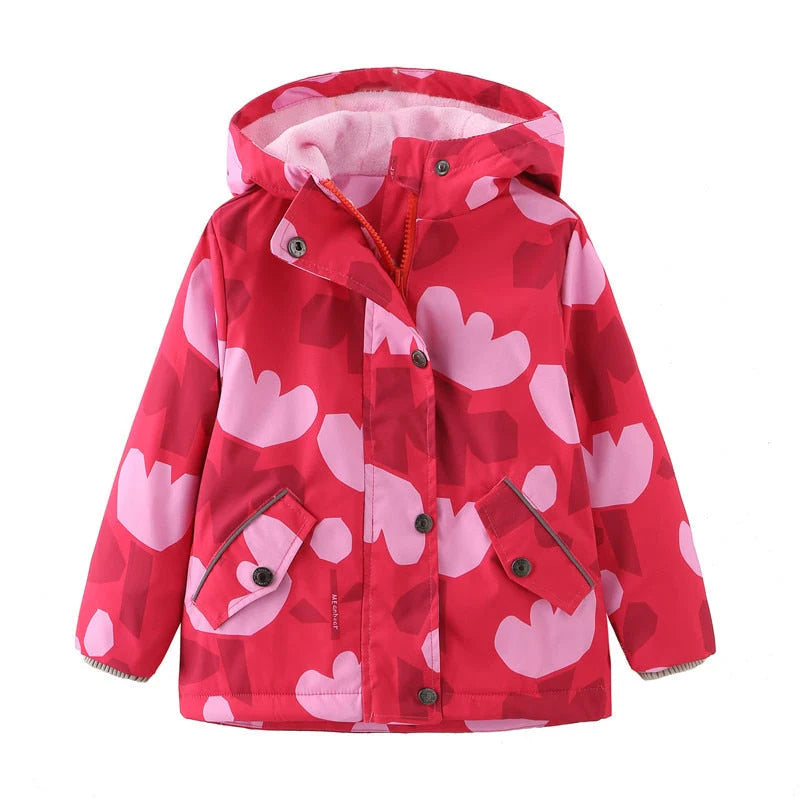 Jaqueta Infantil Estampada com Capuz Unissex, quente e estilosa, com forro de pelúcia e isolamento térmico. Perfeita para crianças no inverno, em poliéster e algodão!