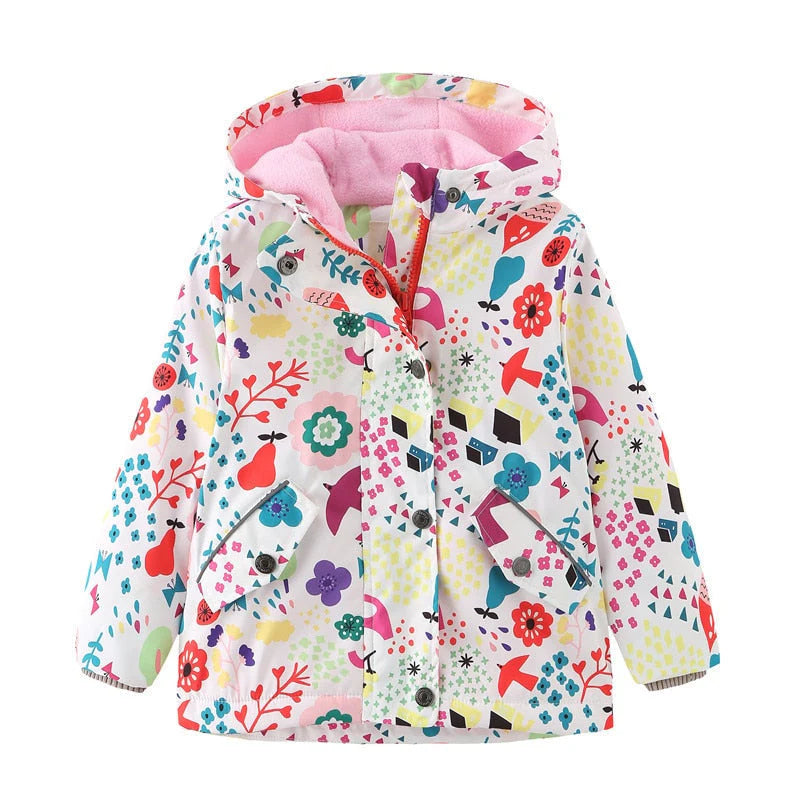 Jaqueta Infantil Estampada com Capuz Unissex, quente e estilosa, com forro de pelúcia e isolamento térmico. Perfeita para crianças no inverno, em poliéster e algodão!