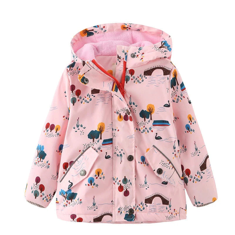Jaqueta Infantil Estampada com Capuz Unissex, quente e estilosa, com forro de pelúcia e isolamento térmico. Perfeita para crianças no inverno, em poliéster e algodão!