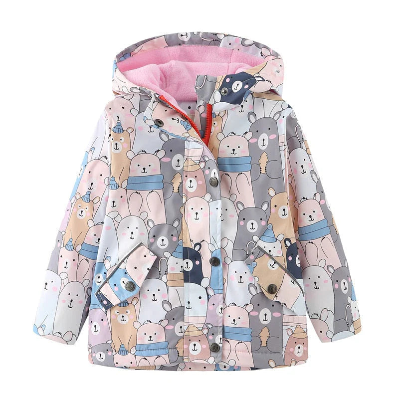 Jaqueta Infantil Estampada com Capuz Unissex, quente e estilosa, com forro de pelúcia e isolamento térmico. Perfeita para crianças no inverno, em poliéster e algodão!