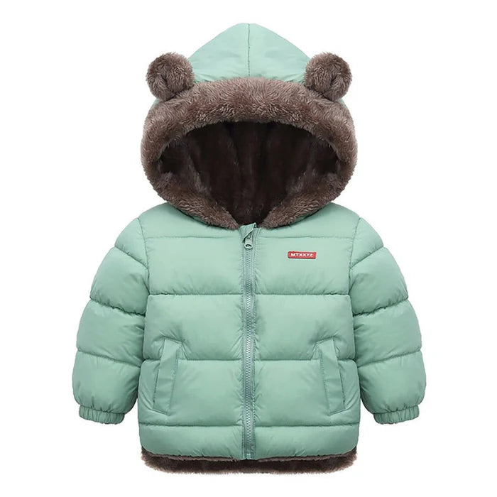 Jaqueta Infantil Puffer Ursinho com Capuz Removível, quente e estilosa, com forro de pelúcia e isolamento térmico. Perfeita para crianças no inverno, em poliéster e algodão!
