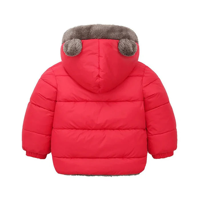Jaqueta Infantil Puffer Ursinho com Capuz Removível, quente e estilosa, com forro de pelúcia e isolamento térmico. Perfeita para crianças no inverno, em poliéster e algodão!