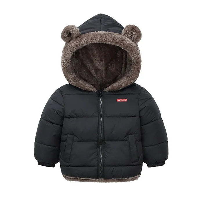 Jaqueta Infantil Puffer Ursinho com Capuz Removível, quente e estilosa, com forro de pelúcia e isolamento térmico. Perfeita para crianças no inverno, em poliéster e algodão!