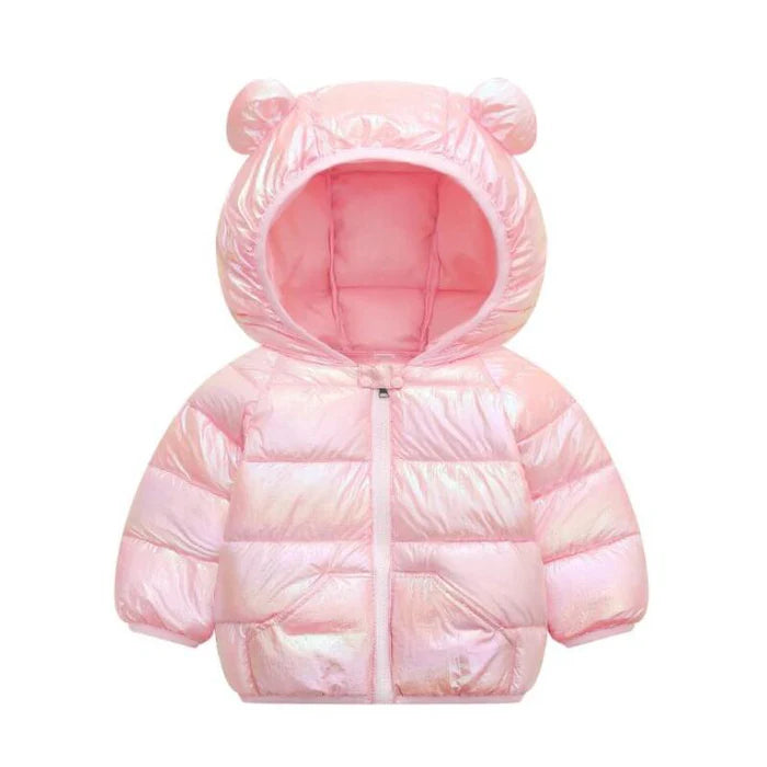 Jaqueta Infantil Puffer Holográfica com Capuz, quente e estilosa, com forro de pelúcia e isolamento térmico. Ideal para crianças no inverno, em poliéster e algodão!