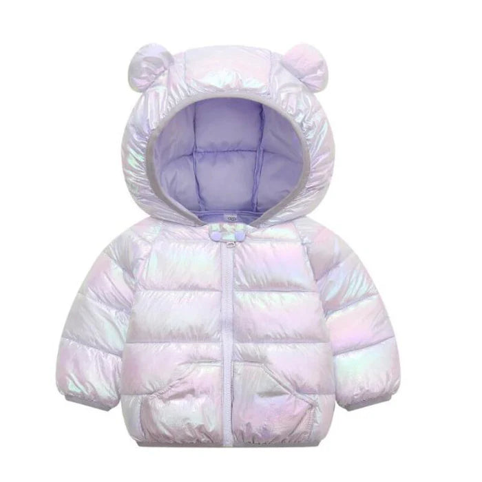 Jaqueta Infantil Puffer Holográfica com Capuz, quente e estilosa, com forro de pelúcia e isolamento térmico. Ideal para crianças no inverno, em poliéster e algodão!