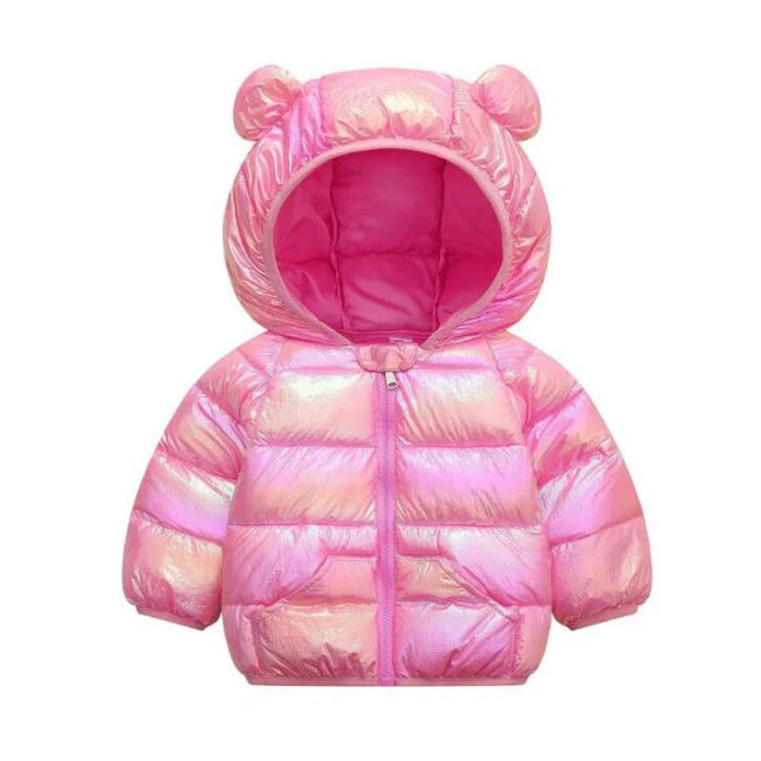 Jaqueta Infantil Puffer Holográfica com Capuz, quente e estilosa, com forro de pelúcia e isolamento térmico. Ideal para crianças no inverno, em poliéster e algodão!
