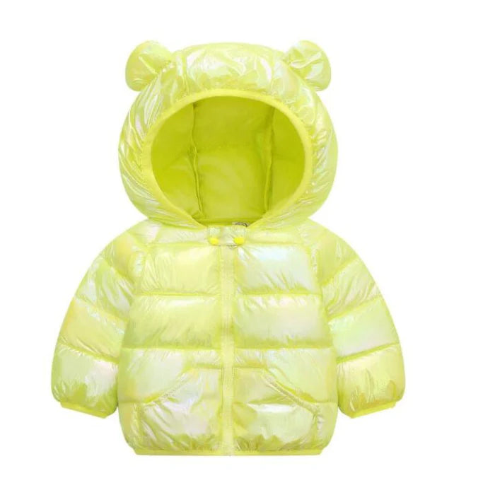 Jaqueta Infantil Puffer Holográfica com Capuz, quente e estilosa, com forro de pelúcia e isolamento térmico. Ideal para crianças no inverno, em poliéster e algodão!