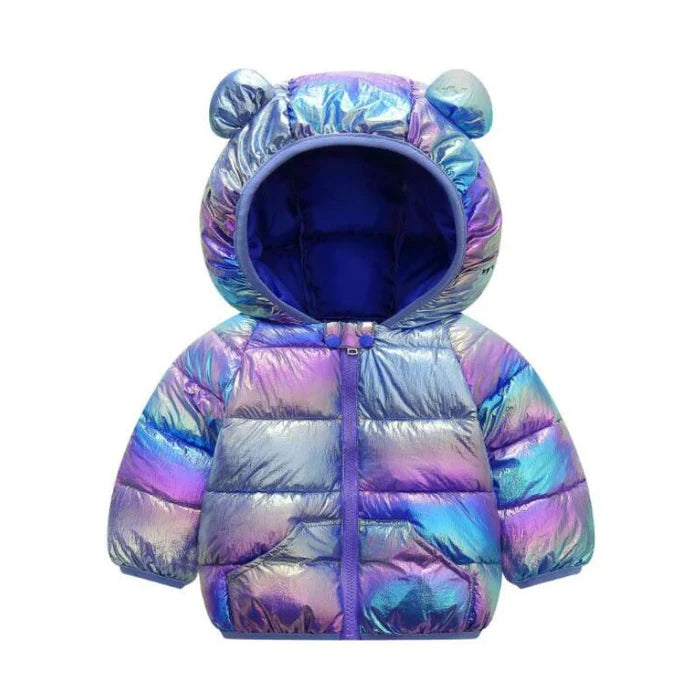 Jaqueta Infantil Puffer Holográfica com Capuz, quente e estilosa, com forro de pelúcia e isolamento térmico. Ideal para crianças no inverno, em poliéster e algodão!