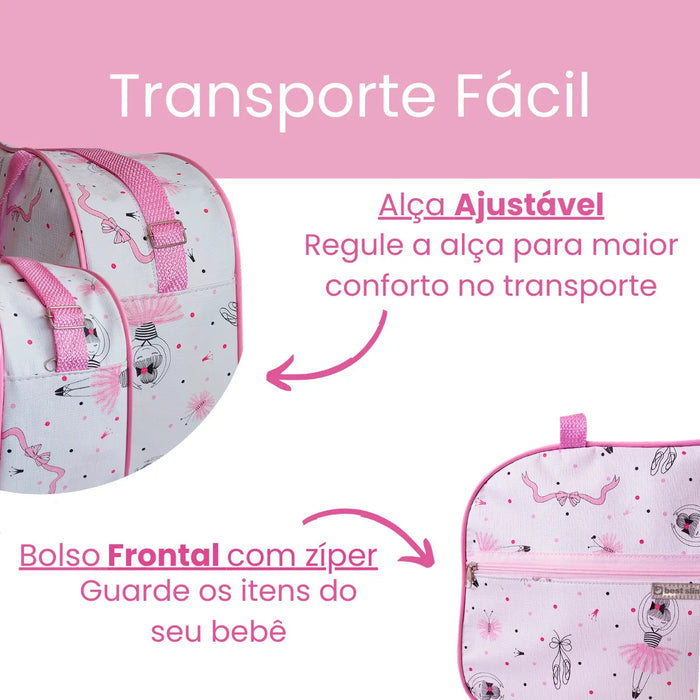 Kit Bolsa Maternidade Bailarina Rosa, 2 bolsas com estampa de bailarinas, resistentes, com zíper. Grande (43cm) e pequena (30cm), perfeitas para itens do bebê com estilo!