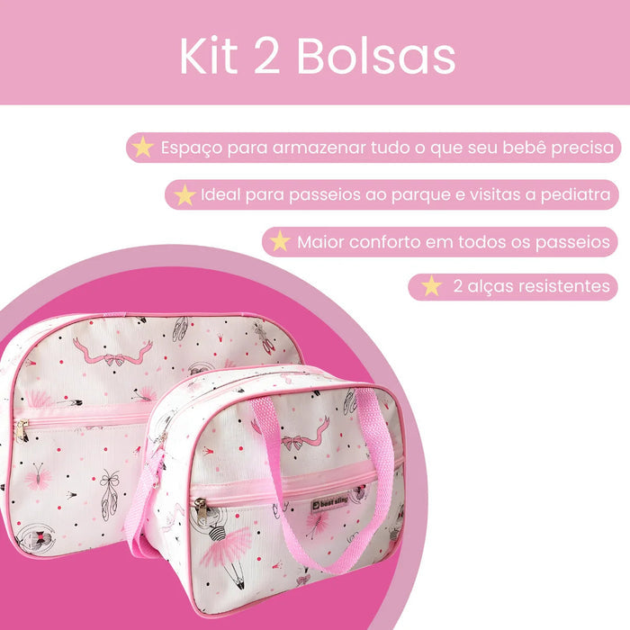 Kit Bolsa Maternidade Bailarina Rosa, 2 bolsas com estampa de bailarinas, resistentes, com zíper. Grande (43cm) e pequena (30cm), perfeitas para itens do bebê com estilo!