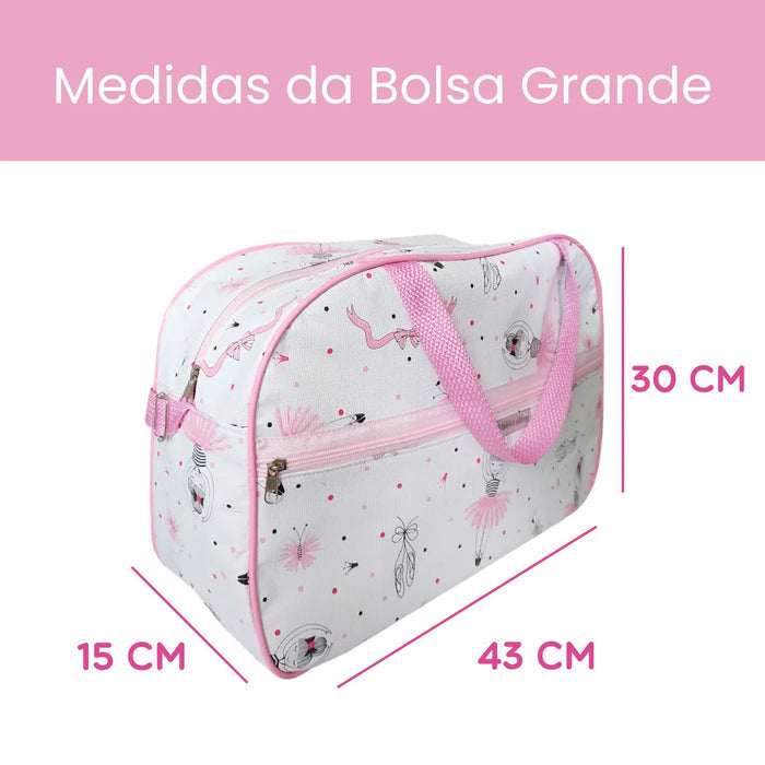 Kit Bolsa Maternidade Bailarina Rosa, 2 bolsas com estampa de bailarinas, resistentes, com zíper. Grande (43cm) e pequena (30cm), perfeitas para itens do bebê com estilo!