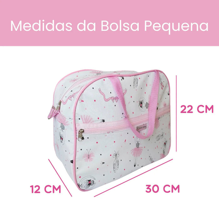 Kit Bolsa Maternidade Bailarina Rosa, 2 bolsas com estampa de bailarinas, resistentes, com zíper. Grande (43cm) e pequena (30cm), perfeitas para itens do bebê com estilo!