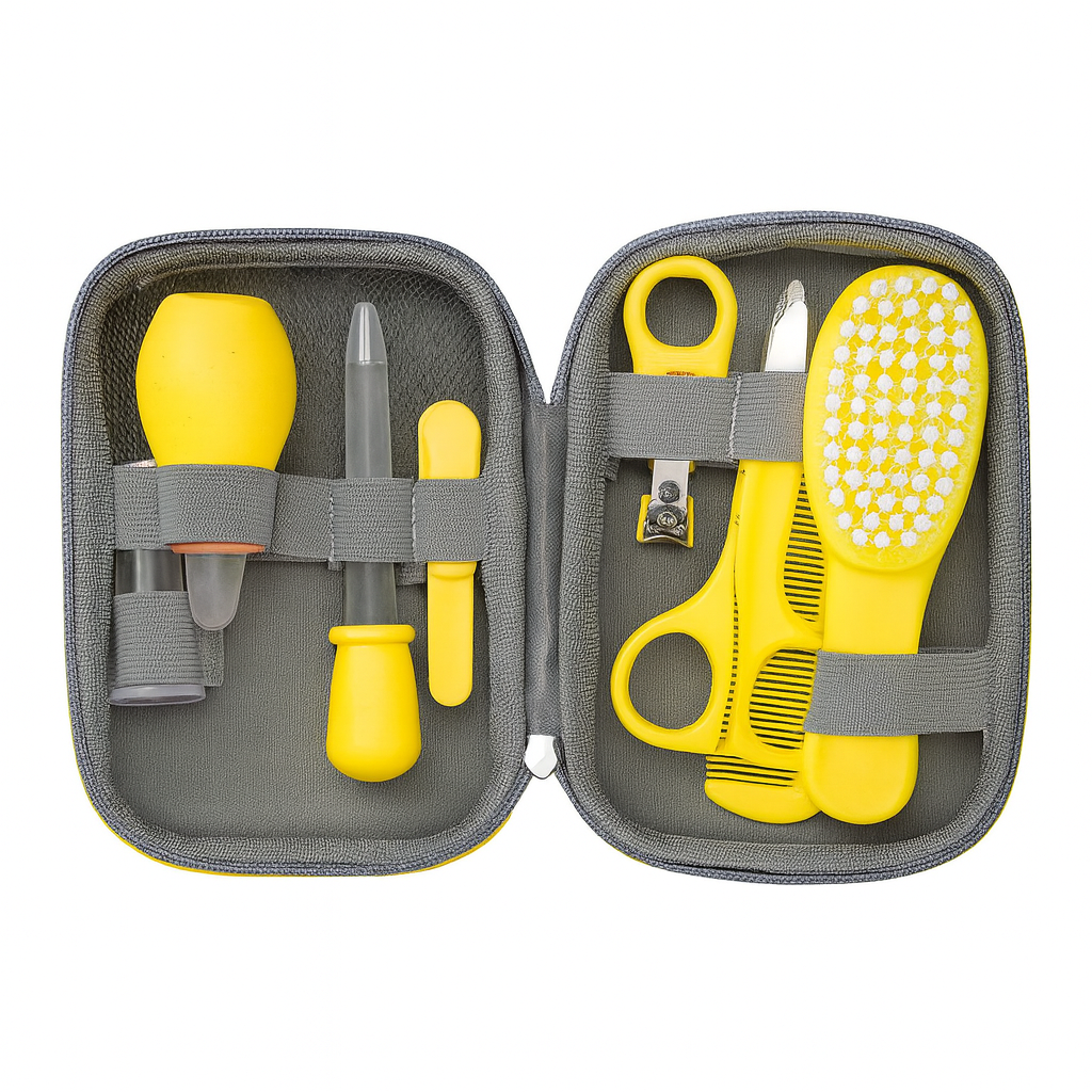 Kit higiene bebê 8 peças com estojo em EVA, escova, pente, cortador de unhas e acessórios essenciais para cuidados diários do recém-nascido.