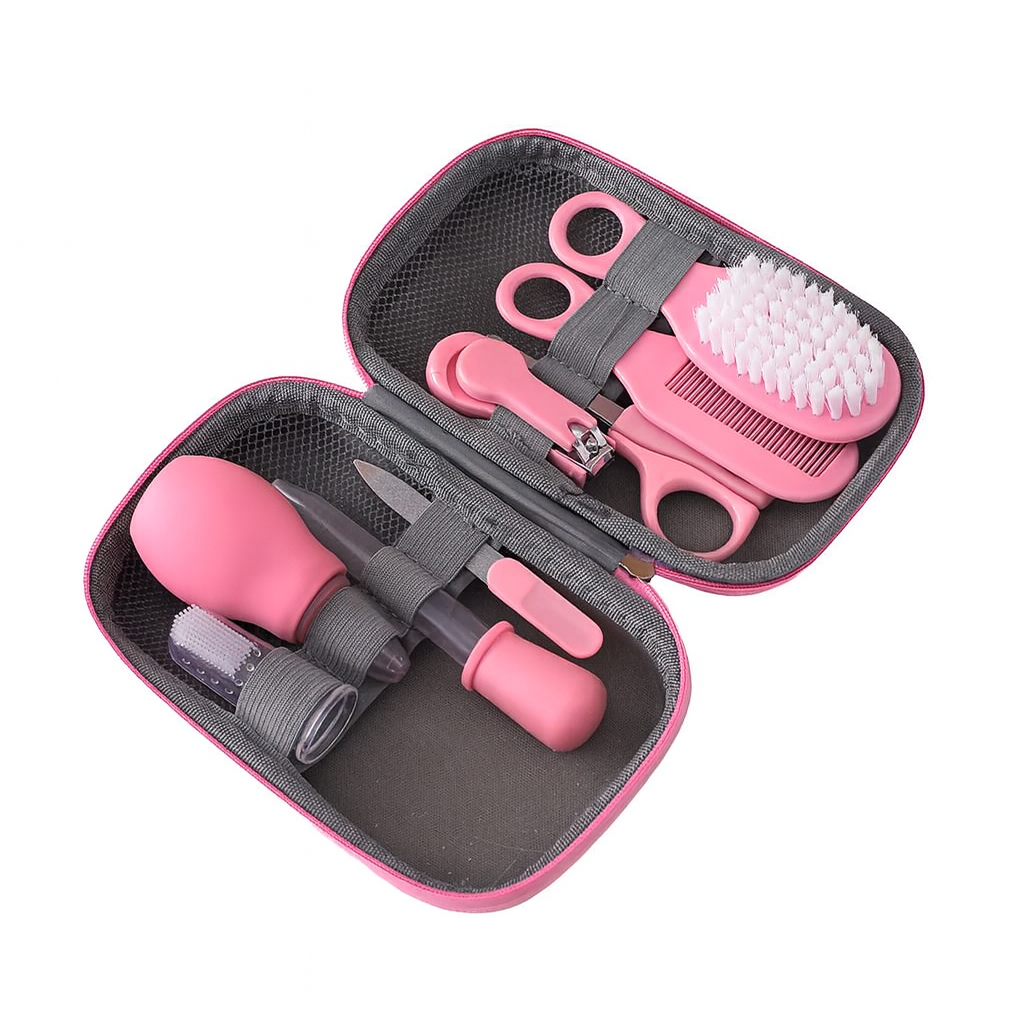 Kit higiene bebê 8 peças com estojo em EVA, escova, pente, cortador de unhas e acessórios essenciais para cuidados diários do recém-nascido.