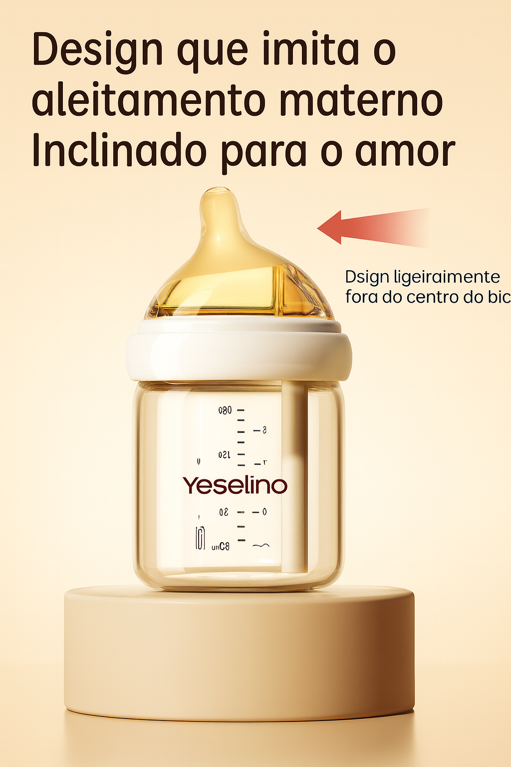 Mamadeira Yeselino 6ª Geração em vidro, anticólica, com bico de silicone e design seguro para bebês de 0 a 6 meses.