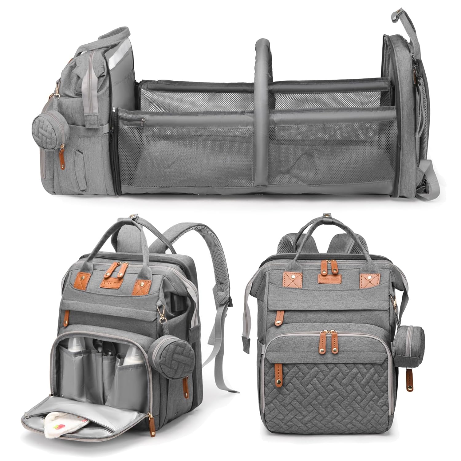 Mochila maternidade 3 em 1 com berço dobrável, compartimento térmico e espaço amplo para os cuidados com o bebê.