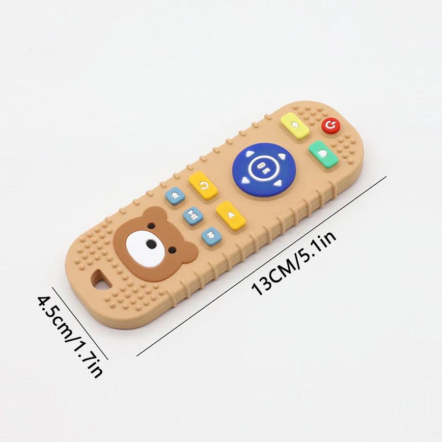 Mordedor de silicone para bebê em formato de controle remoto, seguro e divertido, ideal para aliviar o desconforto da dentição.