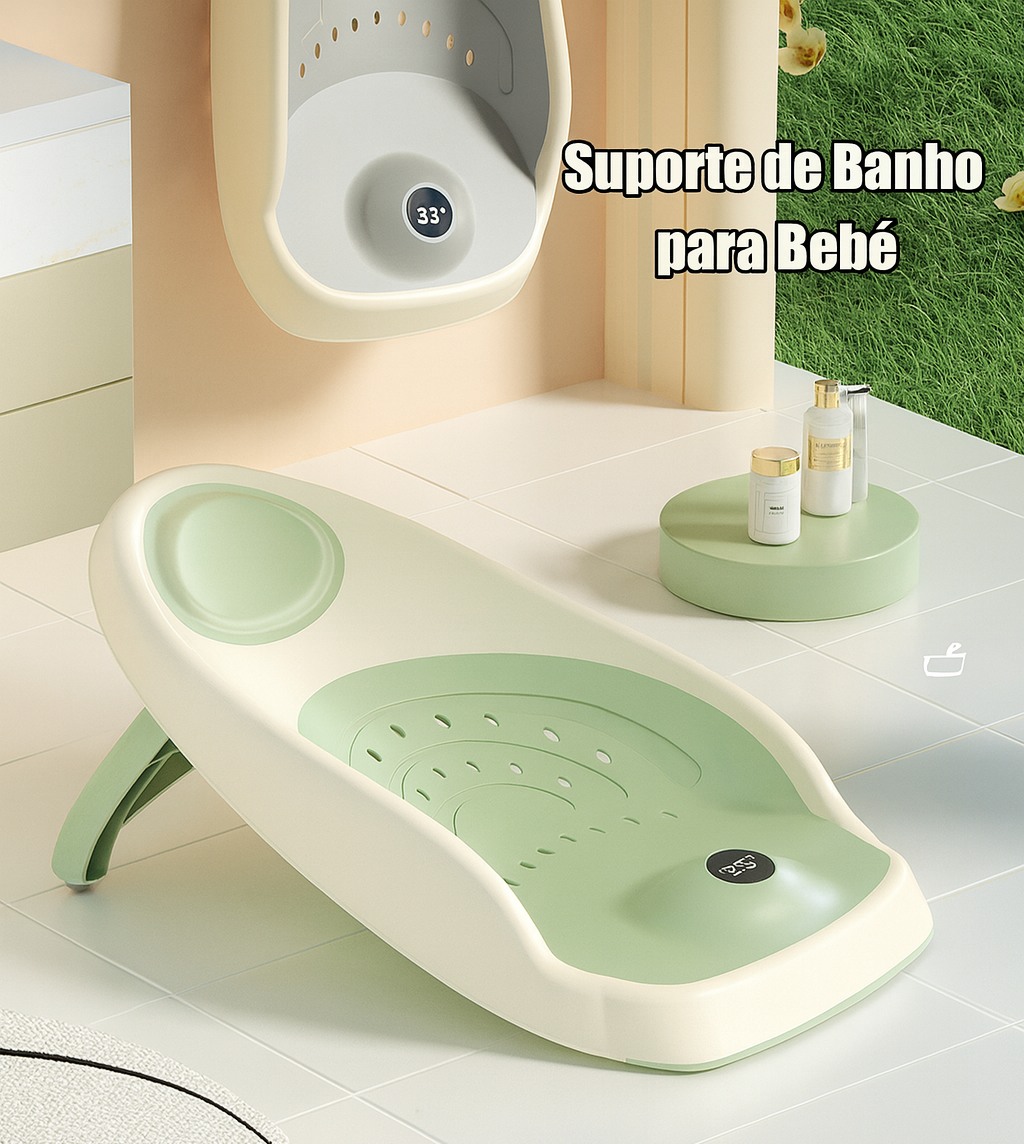 Suporte de banho para bebê com termômetro inteligente, antiderrapante e dobrável. Traz segurança e conforto para recém-nascidos de até 6 meses.