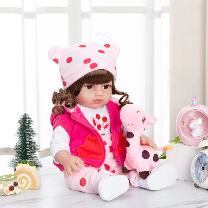 Bebê Reborn 48cm, boneca realista de silicone com olhos marrons, roupa, chupeta, garrafa e pelúcia. Perfeita para crianças 3+, estimula imaginação e afeto!