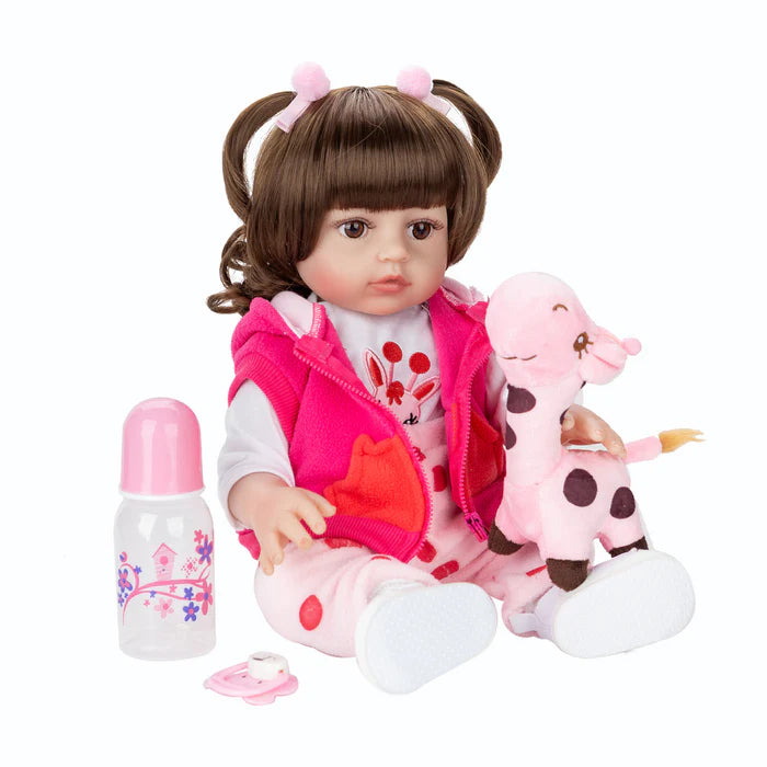 Bebê Reborn 48cm, boneca realista de silicone com olhos marrons, roupa, chupeta, garrafa e pelúcia. Perfeita para crianças 3+, estimula imaginação e afeto!