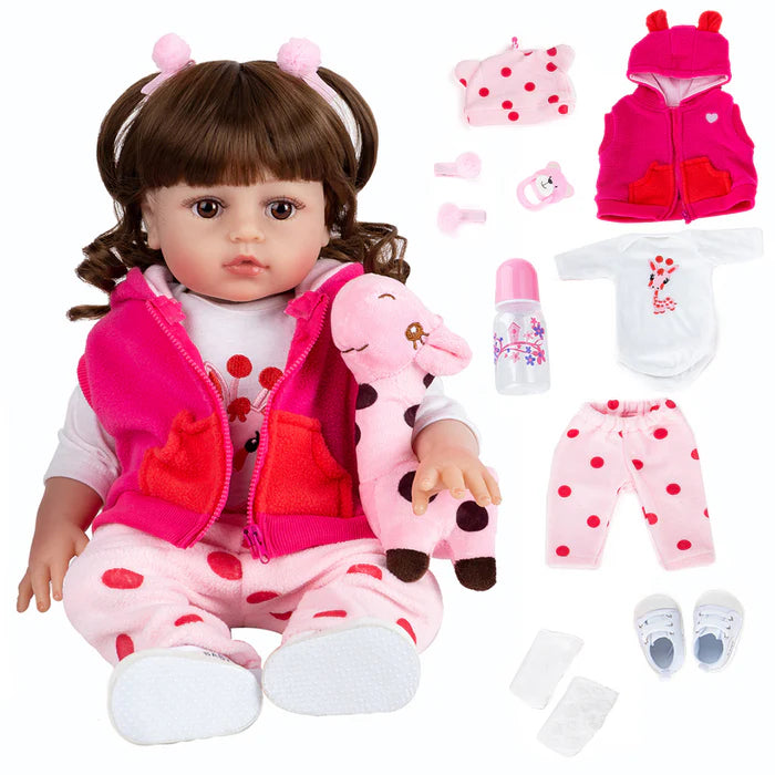 Bebê Reborn 48cm, boneca realista de silicone com olhos marrons, roupa, chupeta, garrafa e pelúcia. Perfeita para crianças 3+, estimula imaginação e afeto!