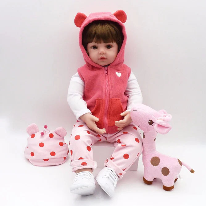 Bebê Reborn 48cm, boneca realista de silicone com olhos marrons, roupa, chupeta, garrafa e pelúcia. Perfeita para crianças 3+, estimula imaginação e afeto!