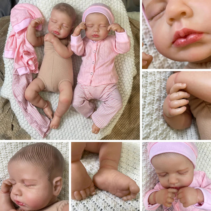 Bebê Reborn Laís 44-50cm, boneca realista de silicone com olhos fechados, cabelo pintado e acessórios. Perfeita para crianças 3+, traz ternura e magia às brincadeiras!