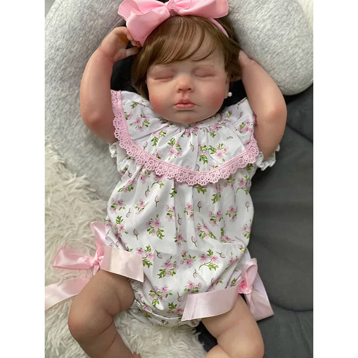 Bebê Reborn Mirella 48cm, boneca realista com corpo macio, olhos vivos, cabelo fio a fio e acessórios. Perfeita para crianças 3+, traz magia às brincadeiras!