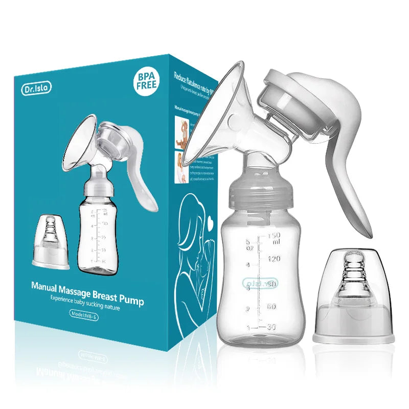 Bomba tira leite manual Mamijoy ergonômica, compacta e livre de BPA, ideal para amamentação segura e confortável no pós-parto.