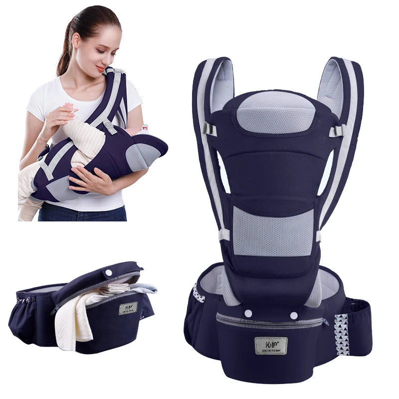 Canguru mochila ergonômica frontal para bebês com alças ajustáveis, tecido respirável e apoio correto para quadril e coluna.