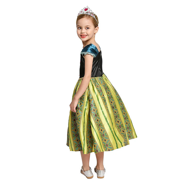 Fantasia Infantil Anna Frozen com vestido, coroa, varinha e peruca, em poliéster. Perfeita para crianças em festas e eventos, inspirada na princesa de Arendelle!