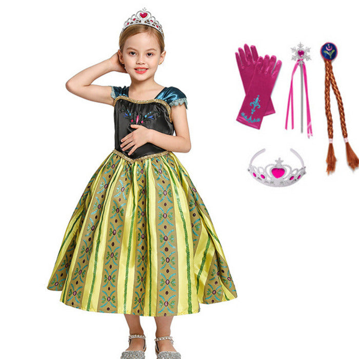 Fantasia Infantil Anna Frozen com vestido, coroa, varinha e peruca, em poliéster. Perfeita para crianças em festas e eventos, inspirada na princesa de Arendelle!