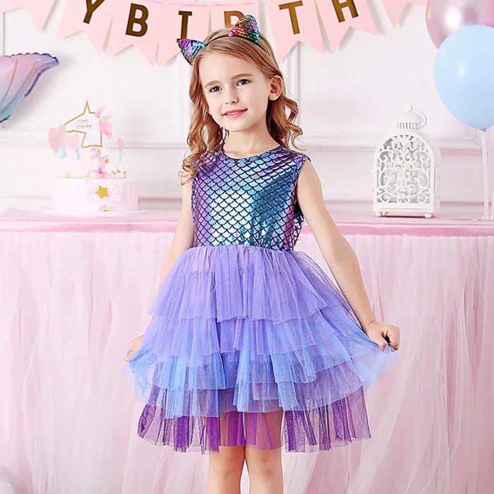 Fantasia Infantil Ariel Pequena Sereia com vestido em voil, malha e algodão. Perfeita para crianças em festas e eventos, com design mágico inspirado na princesa do mar!