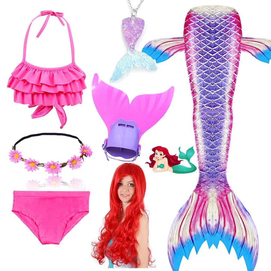 Fantasia Infantil Ariel Pequena Sereia com cauda, biquíni, tiara, nadadeira, colar e cabelo. Perfeita para crianças, combina magia e conforto em aventuras subaquáticas!
