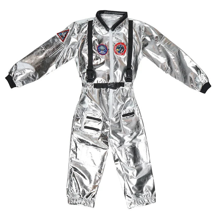 Fantasia Infantil Astronauta Espacial com macacão, em poliéster. Perfeita para crianças, combina aventuras espaciais e conforto, ideal para brincadeiras e festas!