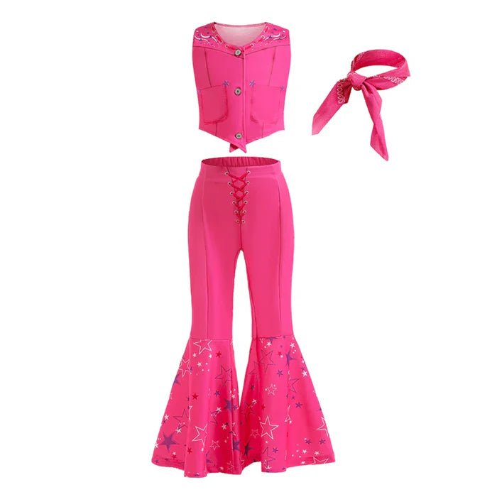 Fantasia Infantil Barbie com peruca, chapéu, óculos, lenço e bolsa, em poliéster e malha. Perfeita para crianças, combina glamour e conforto em aventuras mágicas!