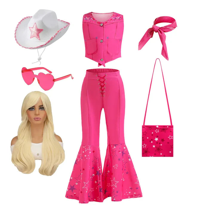 Fantasia Infantil Barbie com peruca, chapéu, óculos, lenço e bolsa, em poliéster e malha. Perfeita para crianças, combina glamour e conforto em aventuras mágicas!