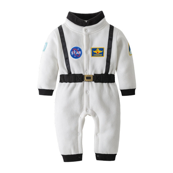 Fantasia Infantil Bebê Astronauta com macacão em veludo e poliéster. Perfeita para bebês, ideal para festas e eventos, com design autêntico de explorador espacial!