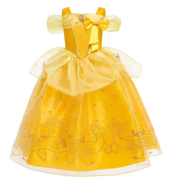 Fantasia Infantil Bela e a Fera com vestido, coroa, varinha, luva e joias, em poliéster, malha e algodão. Perfeita para crianças, combina magia e conforto em brincadeiras!