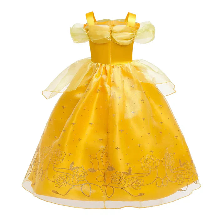 Fantasia Infantil Bela e a Fera com vestido, coroa, varinha, luva e joias, em poliéster, malha e algodão. Perfeita para crianças, combina magia e conforto em brincadeiras!