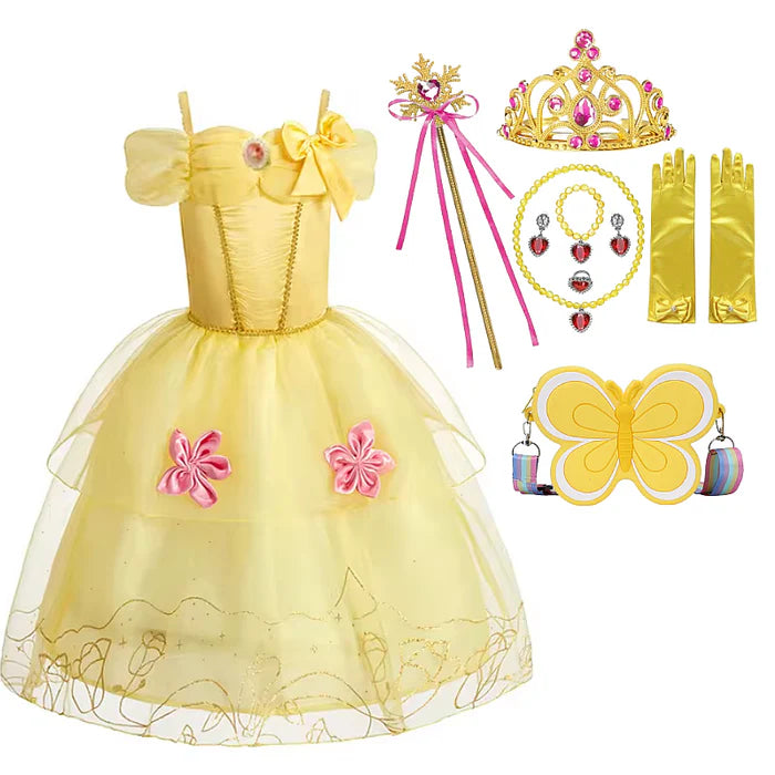Fantasia Infantil Bela Encantada com vestido, coroa, luva, colar, brinco, anel, varinha e bolsinha, em poliéster, algodão e voil. Perfeita para crianças em festas mágicas!