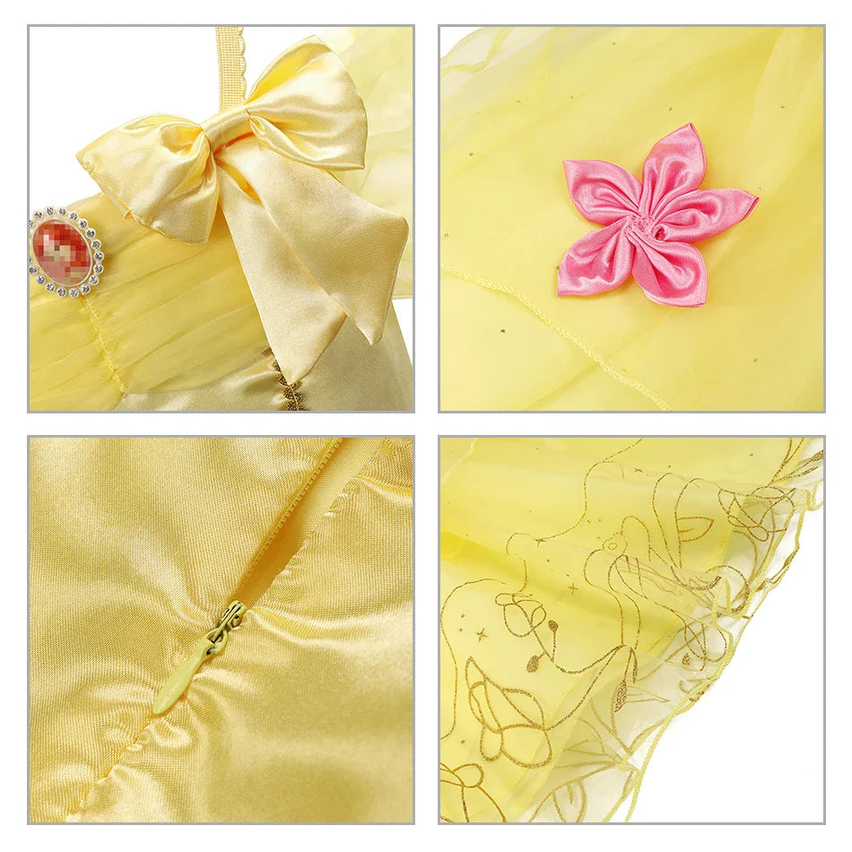 Fantasia Infantil Bela Encantada com vestido, coroa, luva, colar, brinco, anel, varinha e bolsinha, em poliéster, algodão e voil. Perfeita para crianças em festas mágicas!