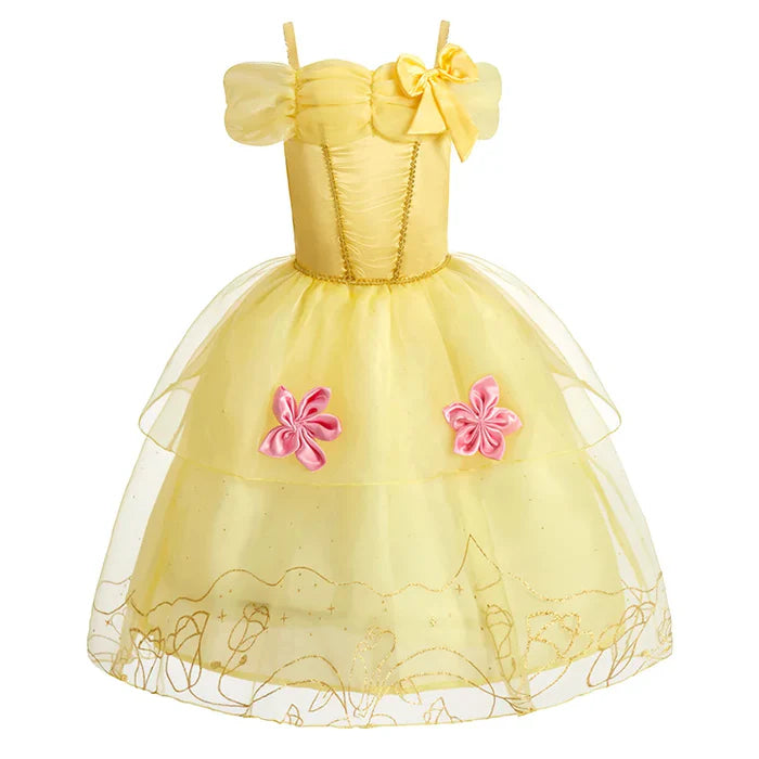Fantasia Infantil Bela Encantada com vestido, coroa, luva, colar, brinco, anel, varinha e bolsinha, em poliéster, algodão e voil. Perfeita para crianças em festas mágicas!