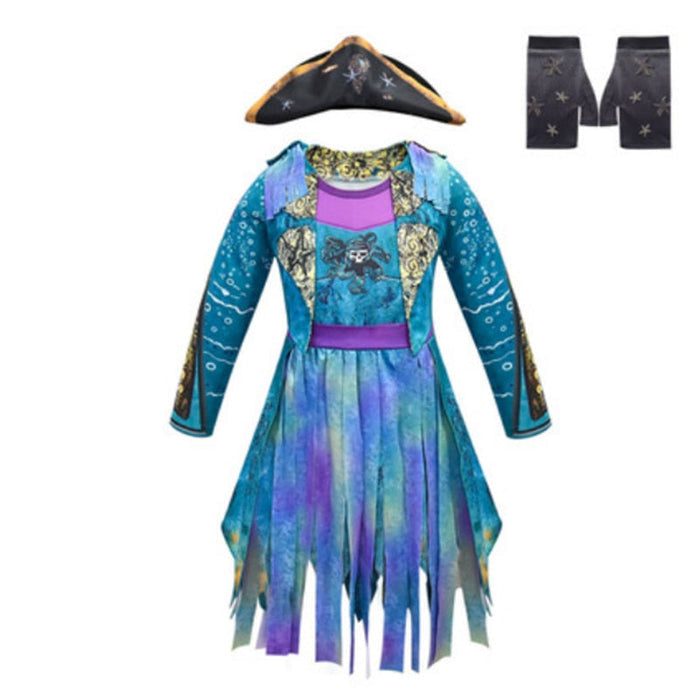 Fantasia Infantil Bertha Maleficent Descendentes 3 com vestido, chapéu e luva, em poliéster. Perfeita para crianças, combina magia e conforto em aventuras encantadas!