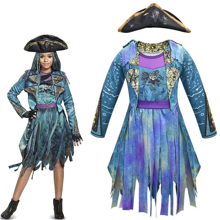 Fantasia Infantil Bertha Maleficent Descendentes 3 com vestido, chapéu e luva, em poliéster. Perfeita para crianças, combina magia e conforto em aventuras encantadas!
