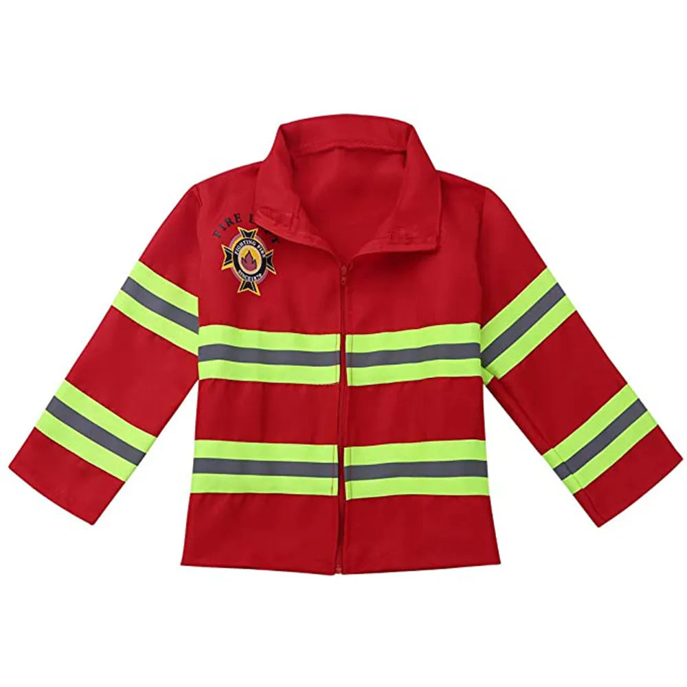 Fantasia Infantil Bombeiro Especial com acessórios, em poliéster. Perfeita para crianças, combina aventuras mágicas e conforto, ideal para brincadeiras e festas!