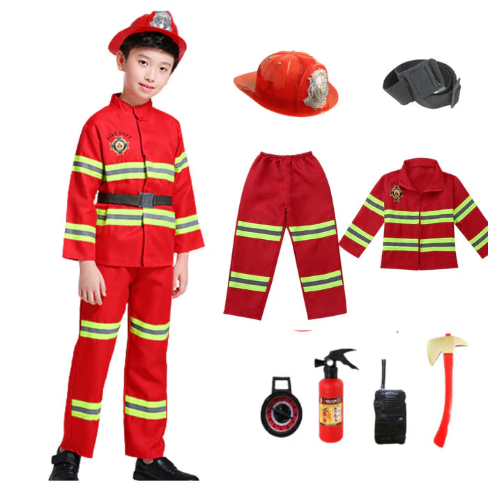Fantasia Infantil Bombeiro Especial com acessórios, em poliéster. Perfeita para crianças, combina aventuras mágicas e conforto, ideal para brincadeiras e festas!