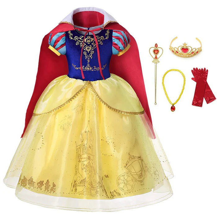 Fantasia Infantil Branca de Neve com vestido, coroa, varinha, colar e luva, em poliéster, malha e cetim. Perfeita para crianças, combina magia e conforto em brincadeiras!