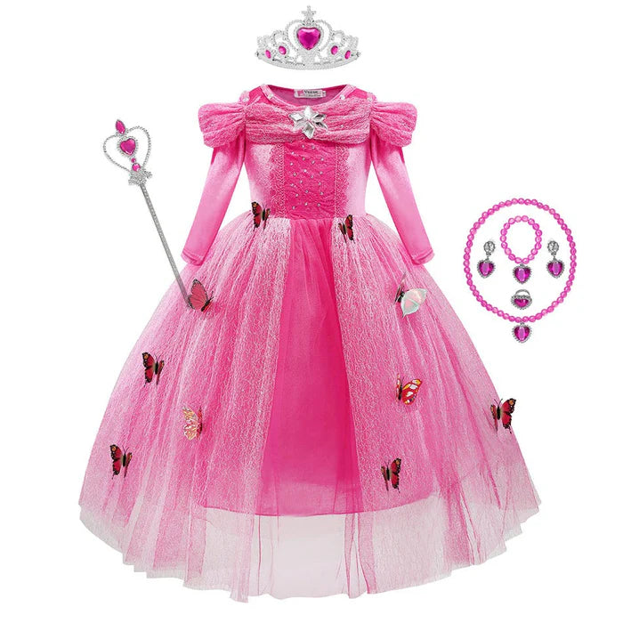 Fantasia Infantil Cinderela Rosa com vestido, coroa, varinha, luvas e colar, em poliéster, algodão e voil. Perfeita para crianças, combina magia e elegância em festas!